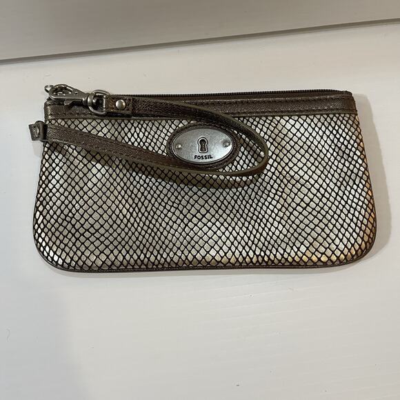 Fossil Wristlet Brown Metallic Faux Snake Cow Hide Leather Wallet Organizer - Picture 5 of 11